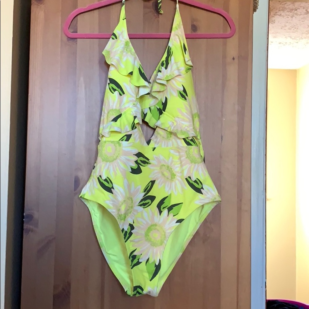 aerie Yellow Floral Ruffle One-Piece Swimsuit
